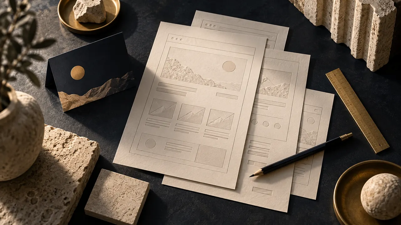 Illustrazione di un tavolo con wireframe su carta, matita, campioni di pietra e righello