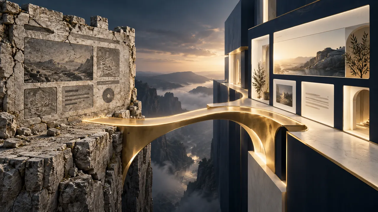 Illustrazione di un ponte luminoso che collega una vecchia struttura in pietra a una nuova architettura digitale