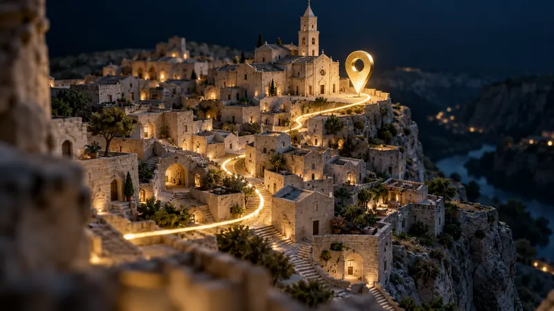 Illustrazione di una città in pietra ispirata a Matera, con un percorso luminoso e un segnaposto