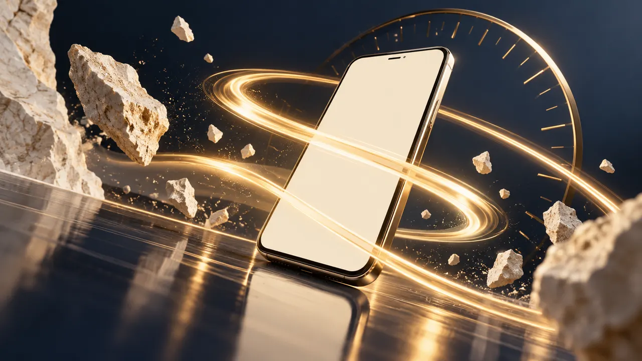Illustrazione di uno smartphone circondato da scie luminose e frammenti di pietra in movimento