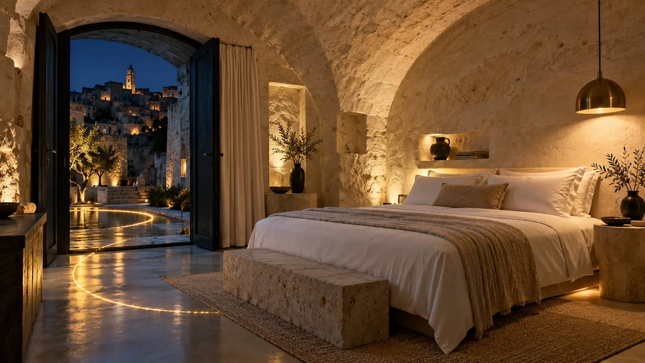 Illustrazione di una camera in pietra con letto in lino e apertura su un cortile al crepuscolo